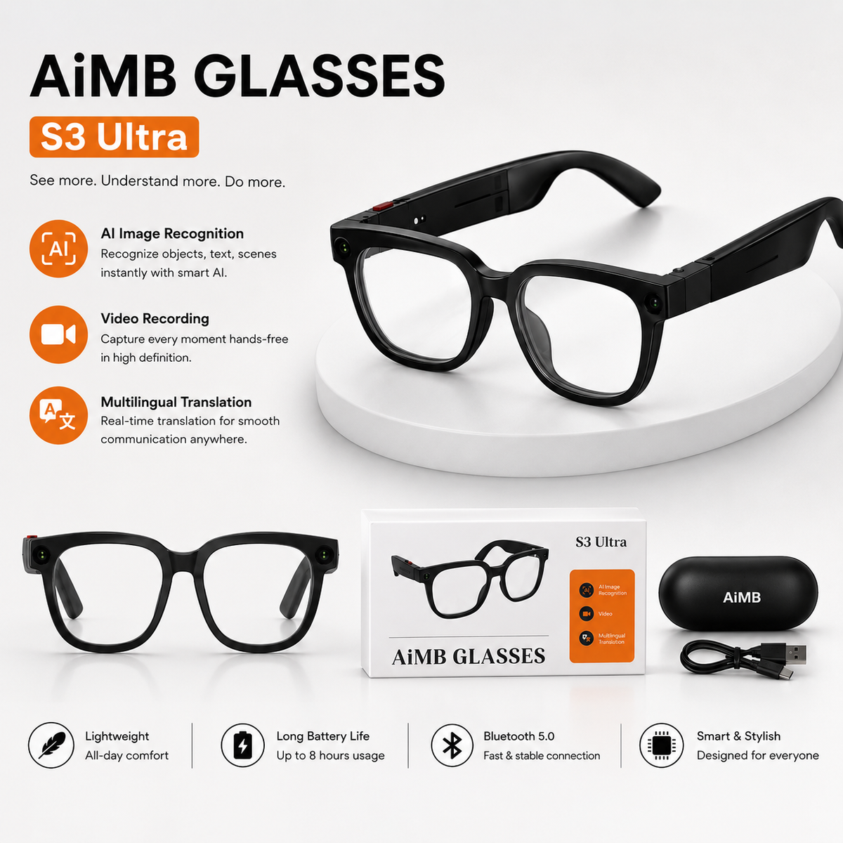 AIMB-S3 Ultra Smart Glasses Translation Bluetooth Sunglasses