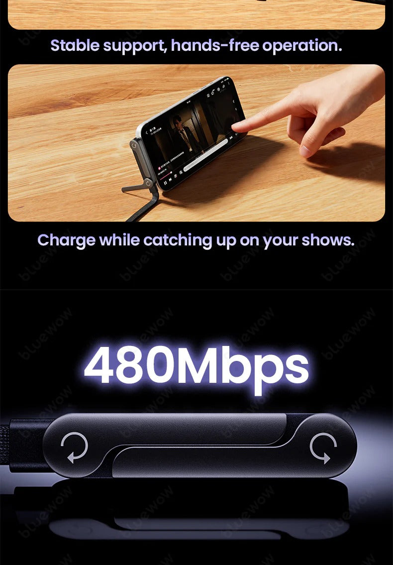 240W Fast Charging USB Cable with Hidden Phone Stand