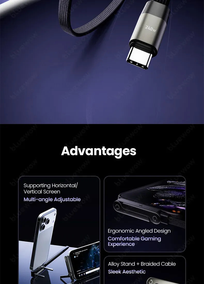 240W Fast Charging USB Cable with Hidden Phone Stand